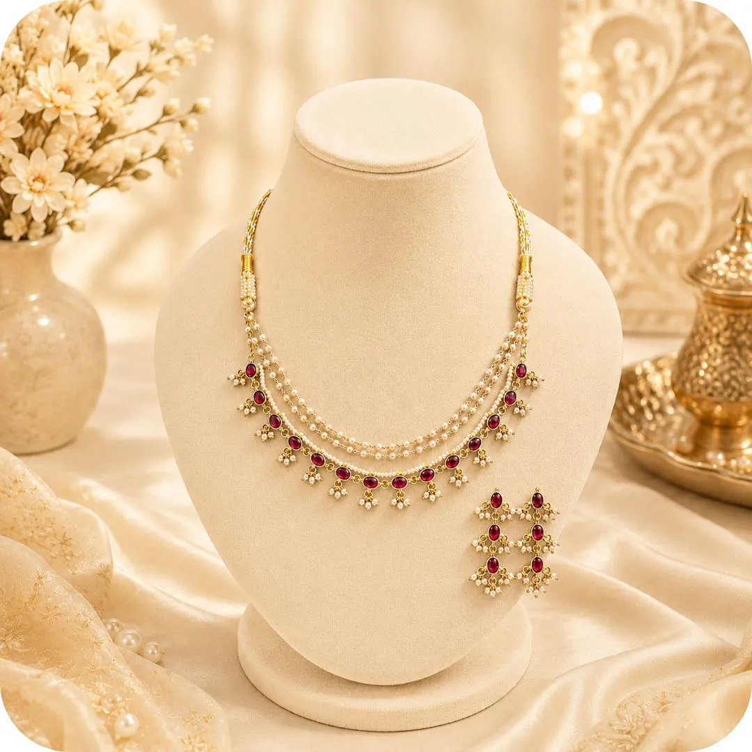 Pink Kundan Pearl Choker Necklace Set With Earrings For Women