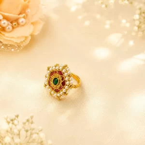 Royal Kundan Pearl Adjustable Ring for Women | Traditional Gold-Plated Statement Ring