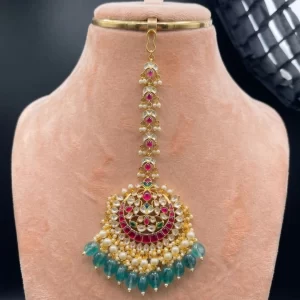 Royal Emerald Kundan Maang Tikka with Ruby Stones & Pearl Drops