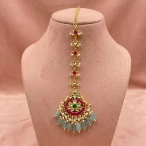 Rajsi Gulnaar Kundan Maang Tikka | Bridal Kundan Maang Tikka with Pearl & Green Drops