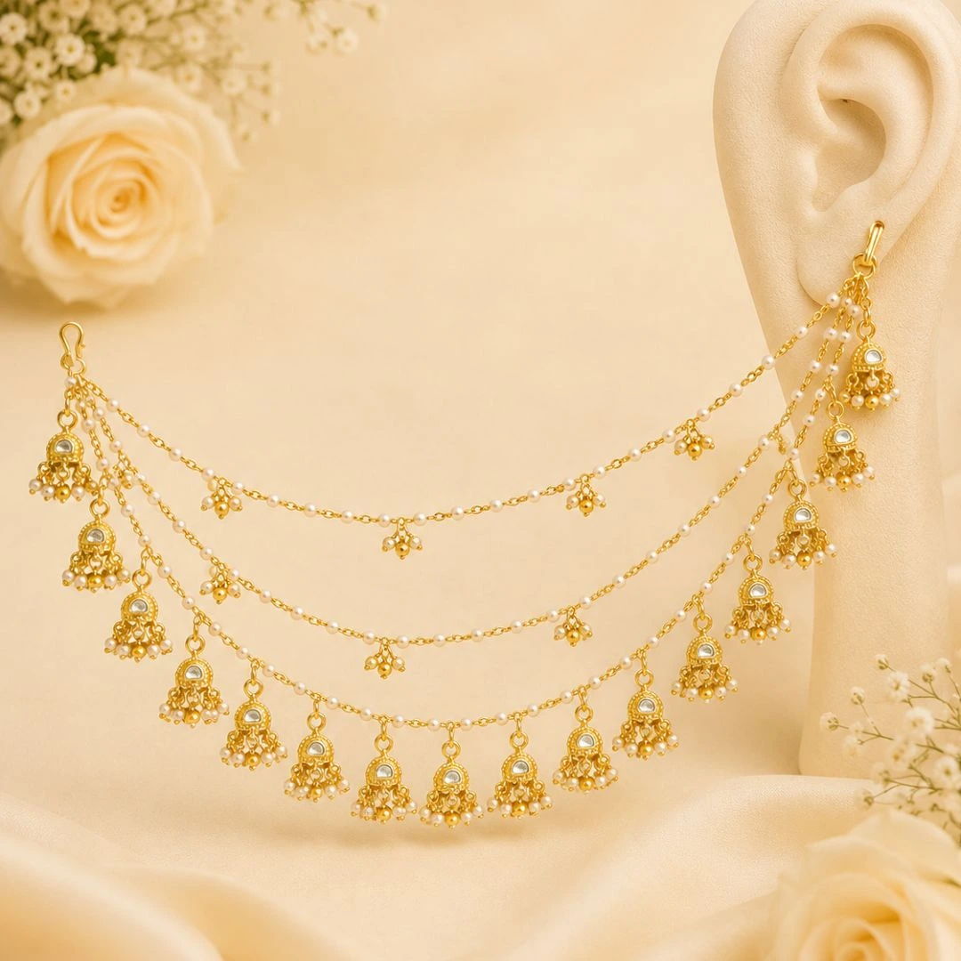 Royal Pearl Jhumka Ear Chain (Kaan Chain) – Traditional Gold-Plated Bridal Ear Accessory
